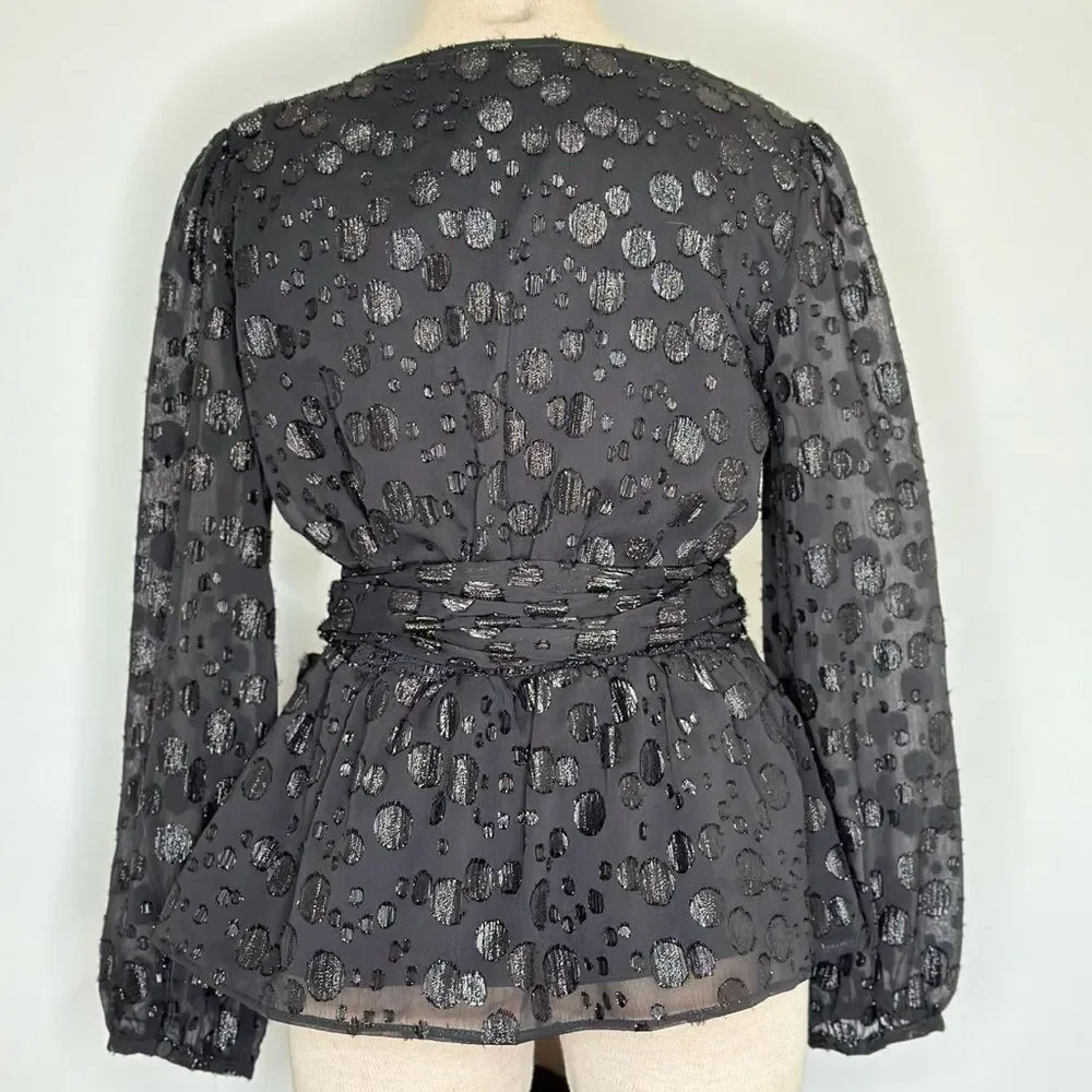 J Crew Tie Waist V-Neck Metallic Dot Jacquard Blouse Black Size Small